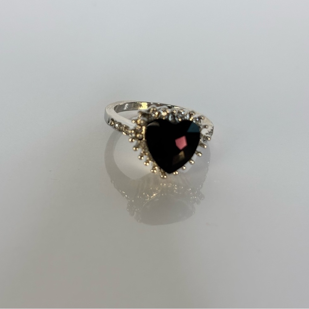 Silver Heart Ring with Purple Stone and Accent Crystals around Heart/Band size 7